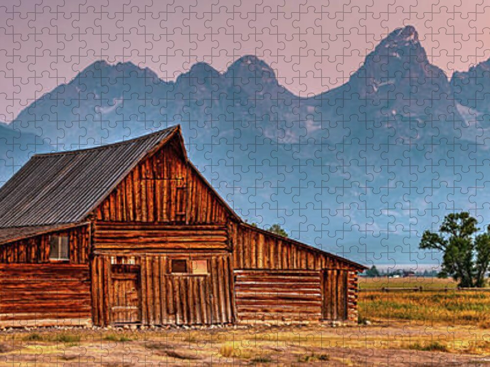Rocky Mountains Jigsaw Puzzle featuring the photograph Dusk At The T.A. Moulton Barn And Teton Mountains Panorama by Gregory Ballos