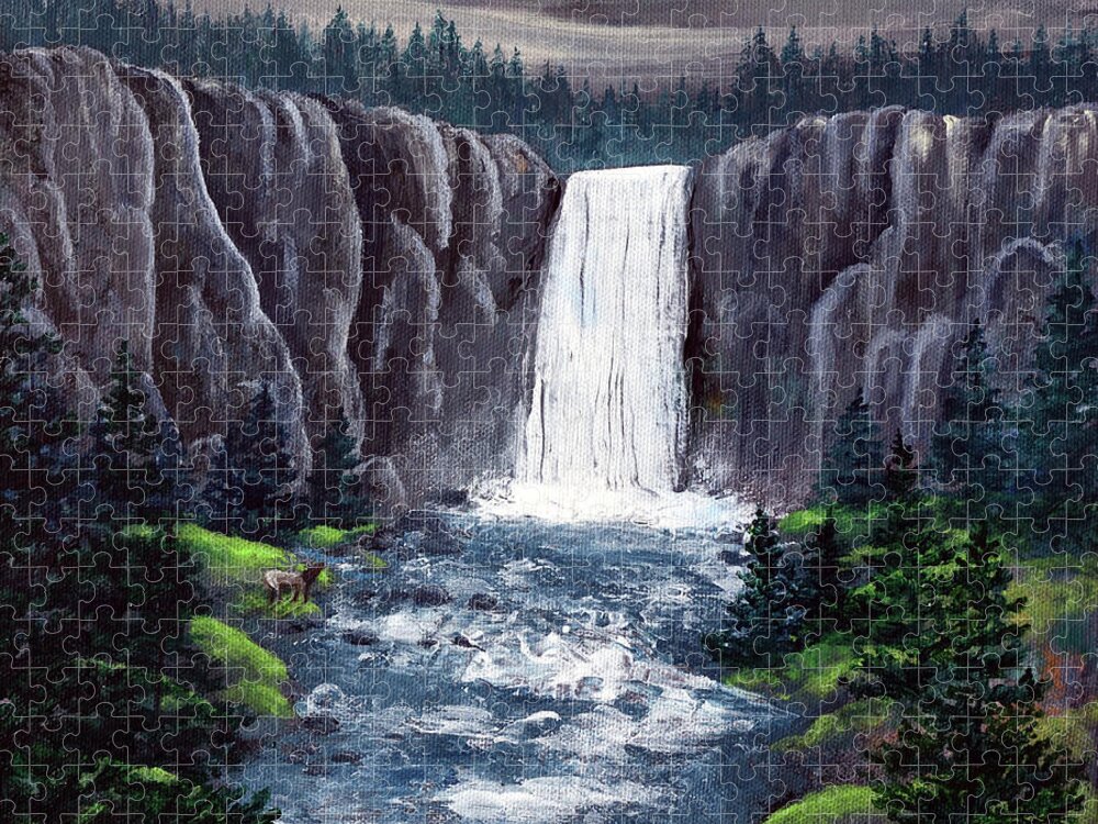 Tumalo Falls Jigsaw Puzzle featuring the painting Dusk at Tumalo Falls by Laura Iverson