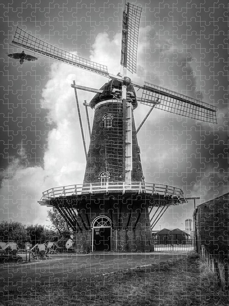 Barns Jigsaw Puzzle featuring the photograph Dutch Windmill in the Countryside Black and White by Debra and Dave Vanderlaan