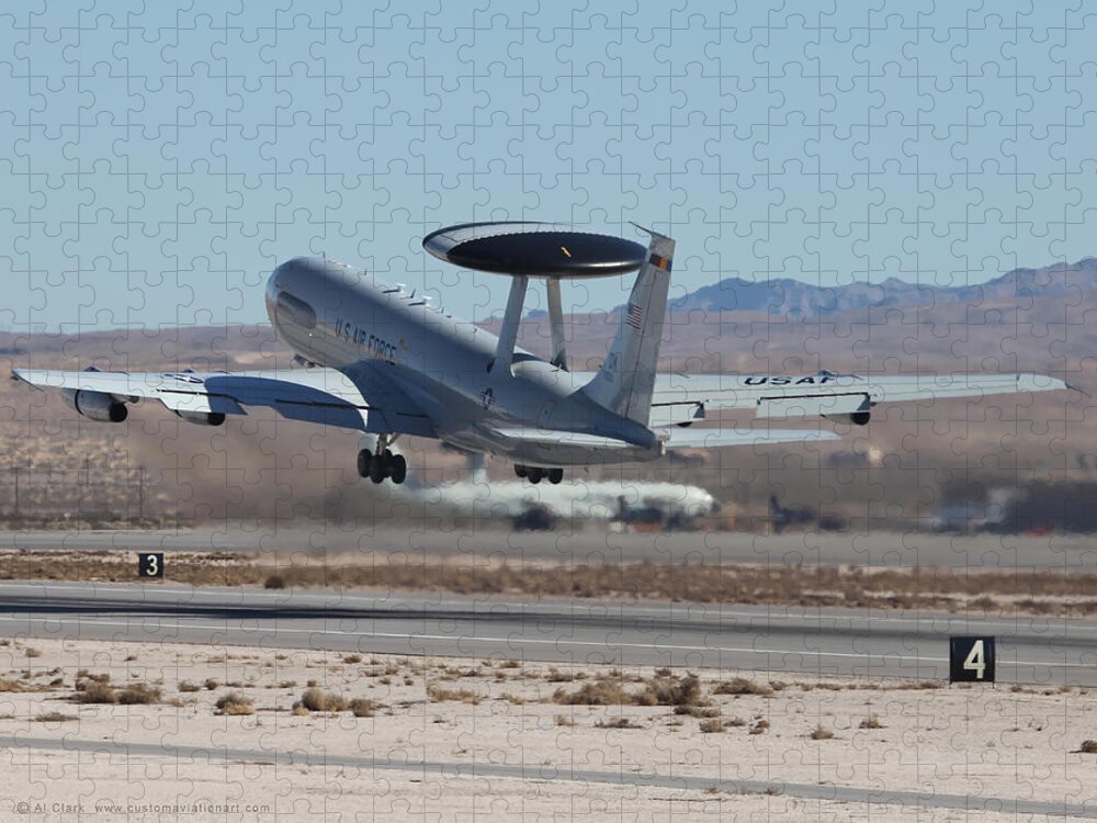 Oklahoma Jigsaw Puzzle featuring the photograph E-3 Sentry 79-0003 departing 03R at Nellis by Custom Aviation Art