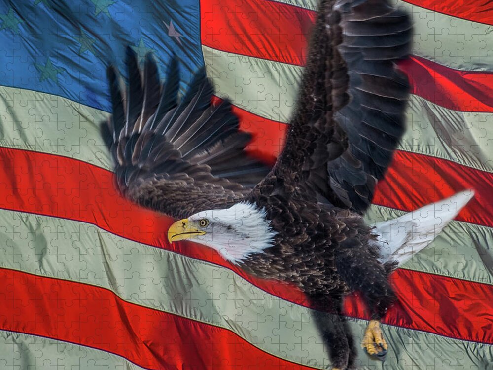 Bird Jigsaw Puzzle featuring the photograph Eagle With Flag Background by Paul Freidlund