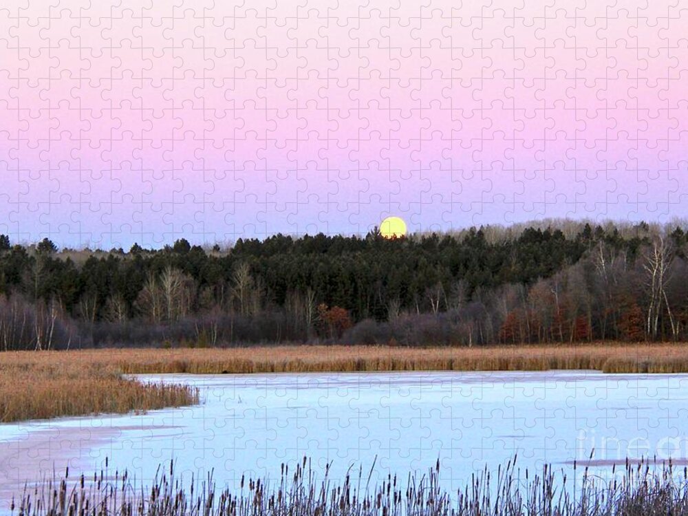 Full Moon Setting Jigsaw Puzzle featuring the photograph Early Morning Full Moon Minnesota by Ann Brown