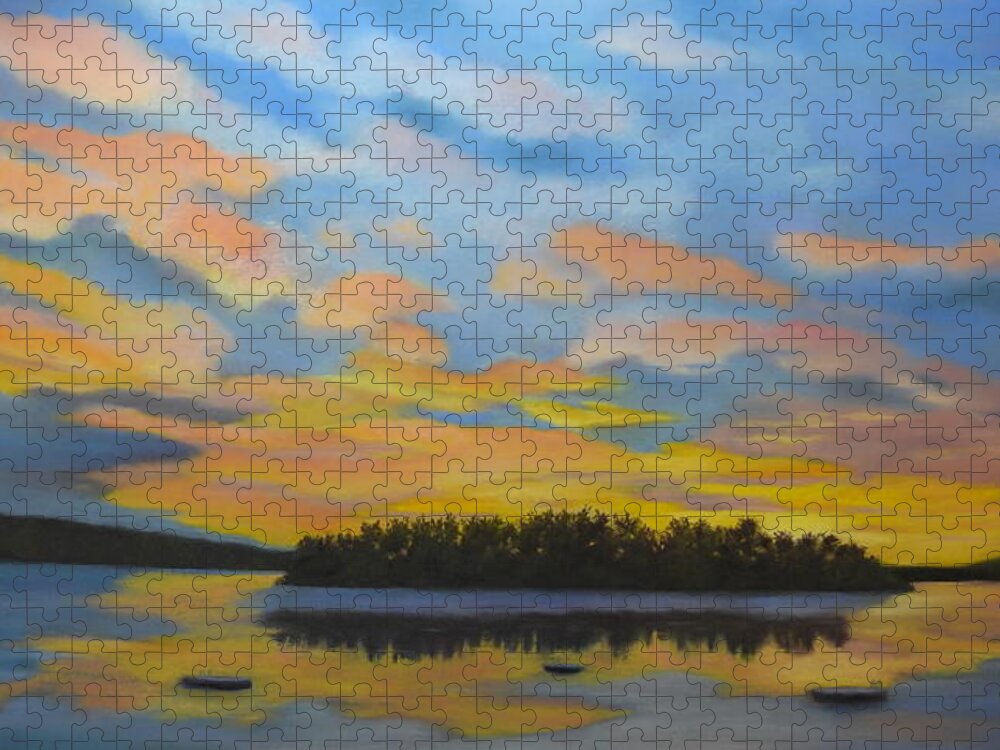 Spofford Lake Jigsaw Puzzle featuring the pastel Early Morning on Spofford Lake by Carol Corliss