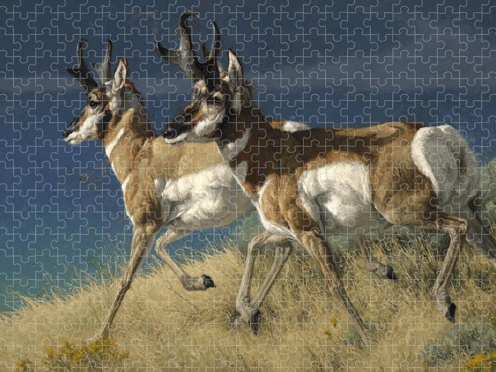 Pronghorn Antelope Jigsaw Puzzle featuring the painting Early September, Still Pals by Greg Beecham