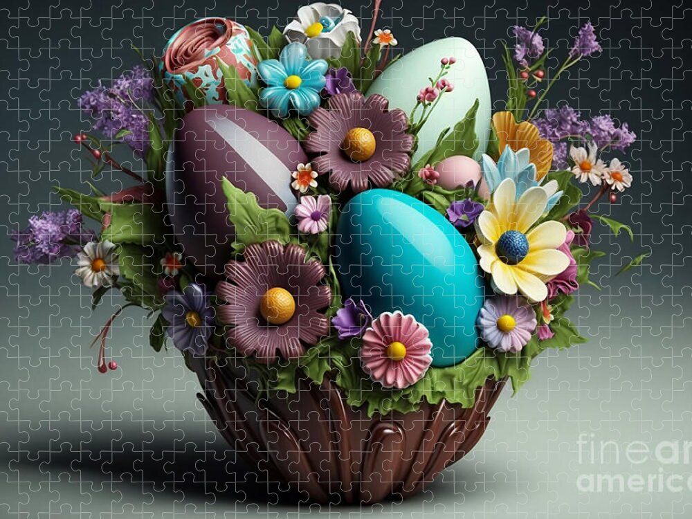 Easter Jigsaw Puzzle featuring the digital art Easter Egg Bloom, Enchanting Photorealistic Bouquet for Spring Festivities by Jeff Creation