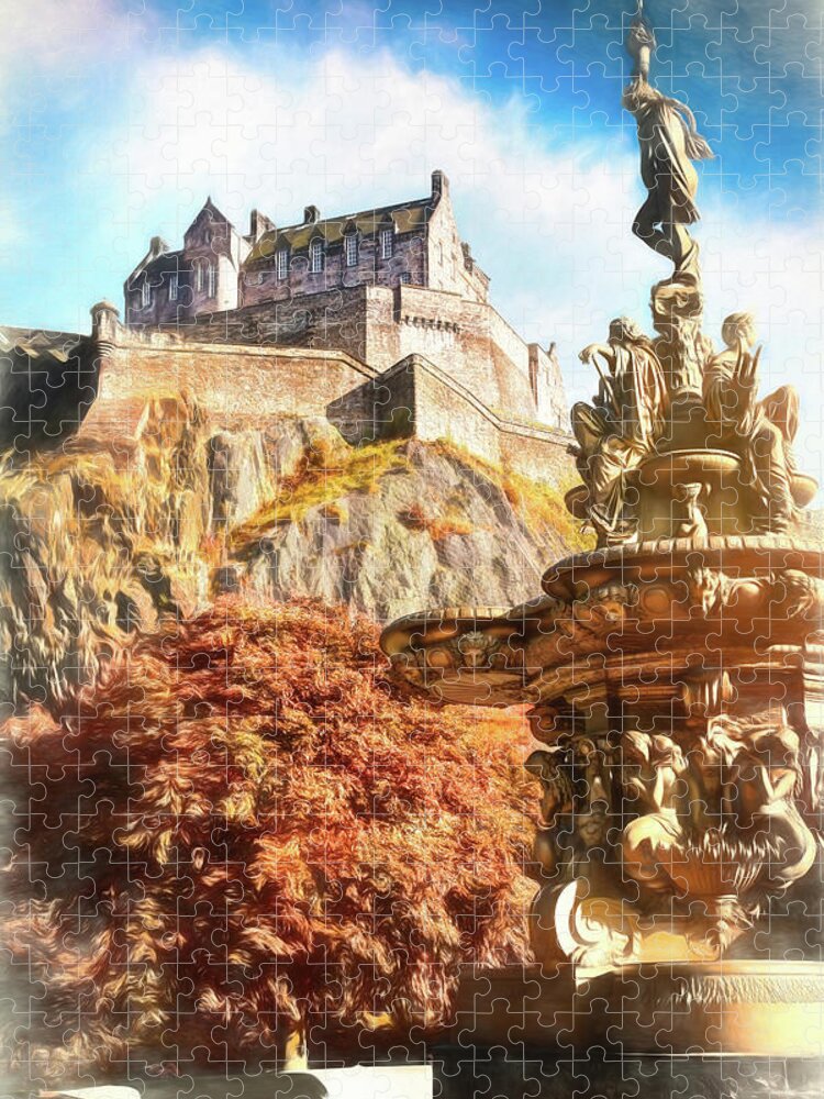 Edinburgh Castle Jigsaw Puzzle featuring the photograph Edinburgh Castle and Ross Fountain Edinburgh Scotland Painterly by Carol Japp