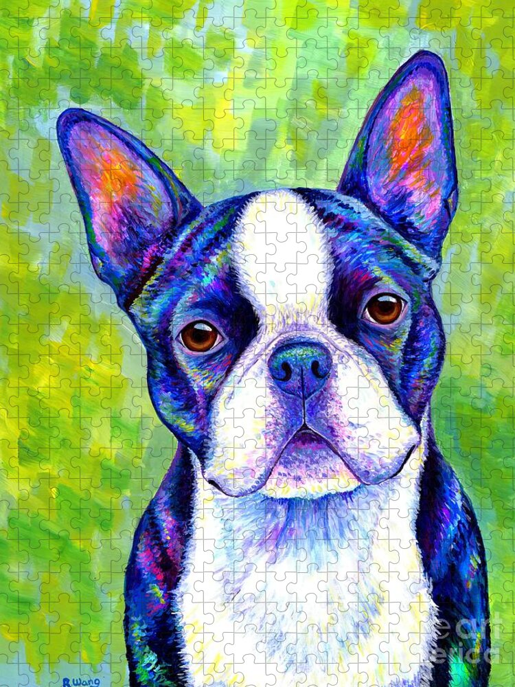 Boston Terrier Jigsaw Puzzle featuring the painting Effervescent - Colorful Boston Terrier Dog by Rebecca Wang