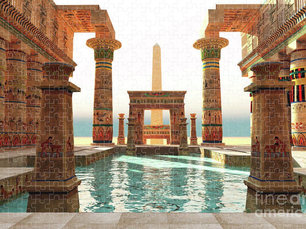 Pool Jigsaw Puzzle featuring the digital art Egyptian Pool with Obelisk by Corey Ford