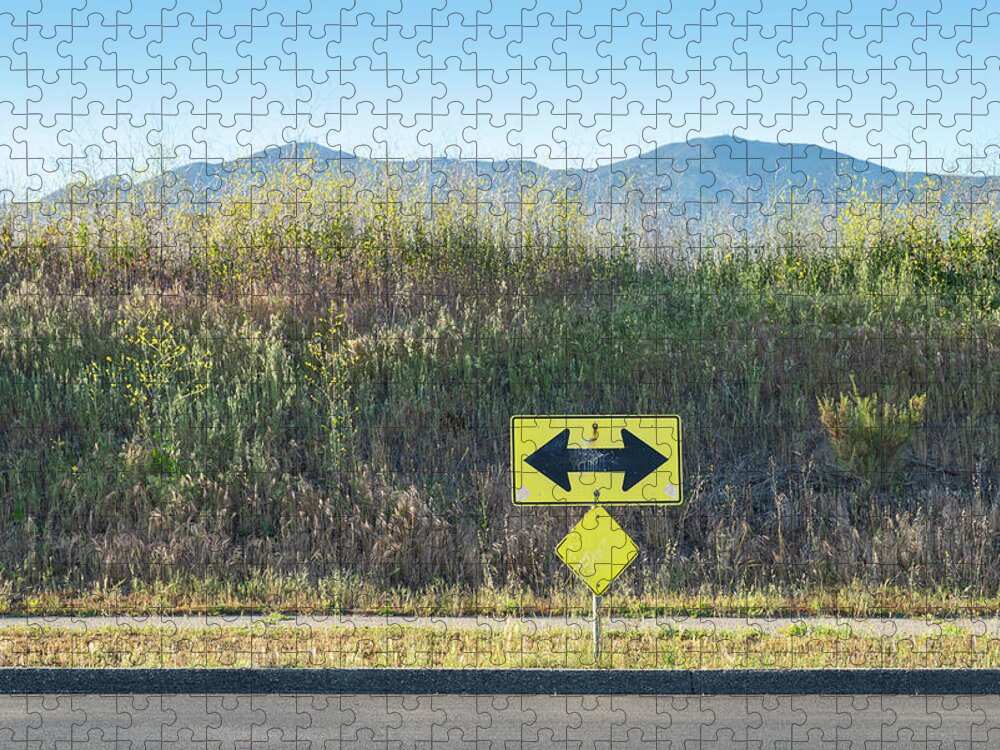Colorful Simple Road Sign Arrow Two-way Street Santa Barbara Ca California Landscape Golden Hour Weeds Plants Mountain Sky Jigsaw Puzzle featuring the photograph Either Way SS by Perry Hambright