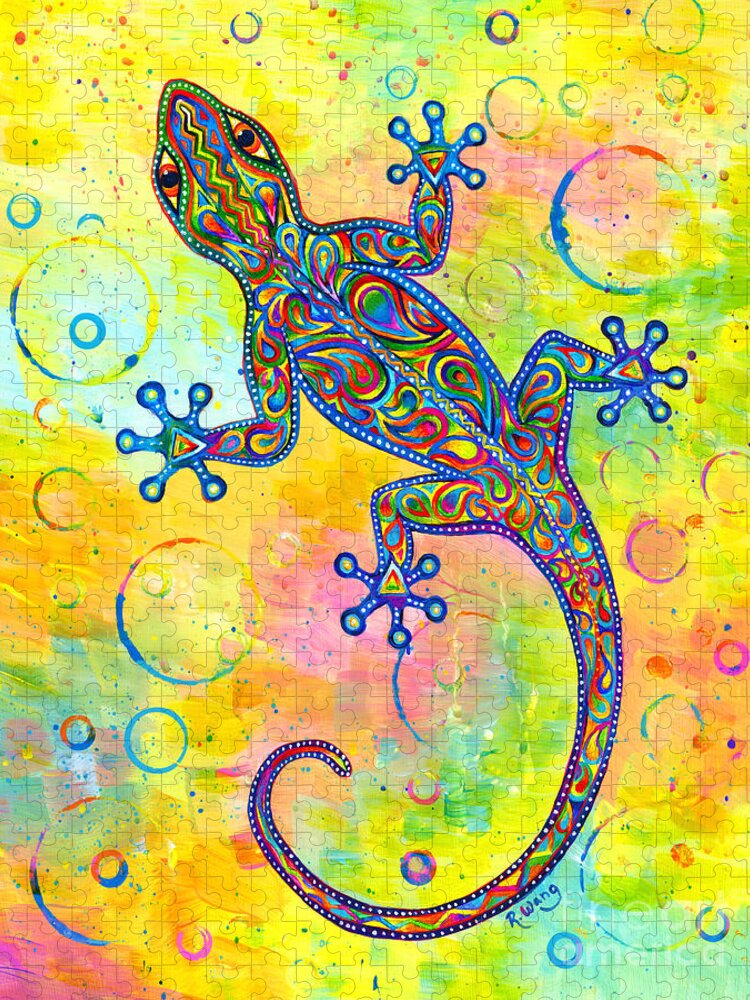 Gecko Jigsaw Puzzle featuring the painting Electric Gecko by Rebecca Wang