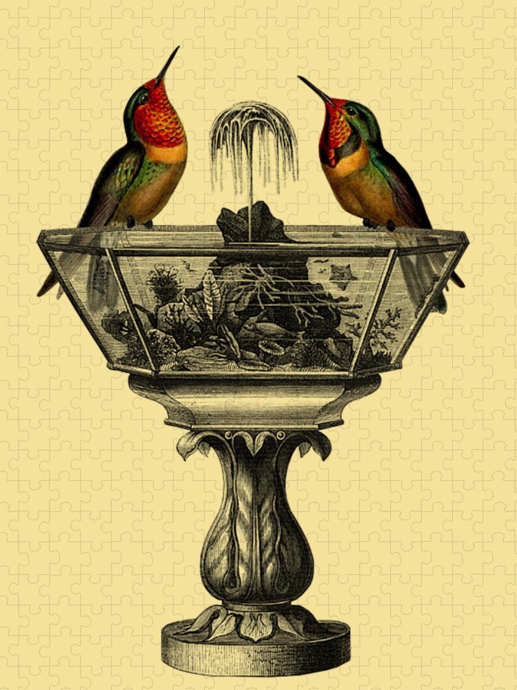 Hummingbird Jigsaw Puzzle featuring the digital art Elegant hummbirds sitting on water fountain by Madame Memento