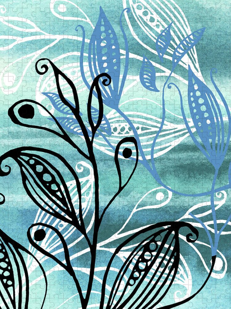 Pods Jigsaw Puzzle featuring the painting Elegant Pods And Seeds Pattern With Leaves Teal Blue Watercolor VI by Irina Sztukowski