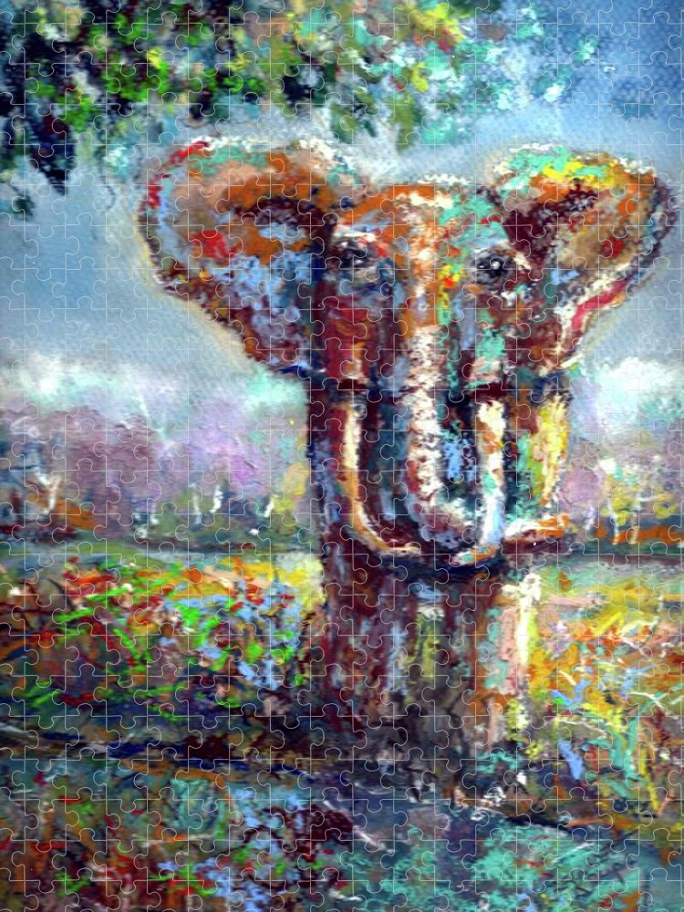 Elephant Jigsaw Puzzle featuring the painting Elephant Thirst by Bernadette Krupa