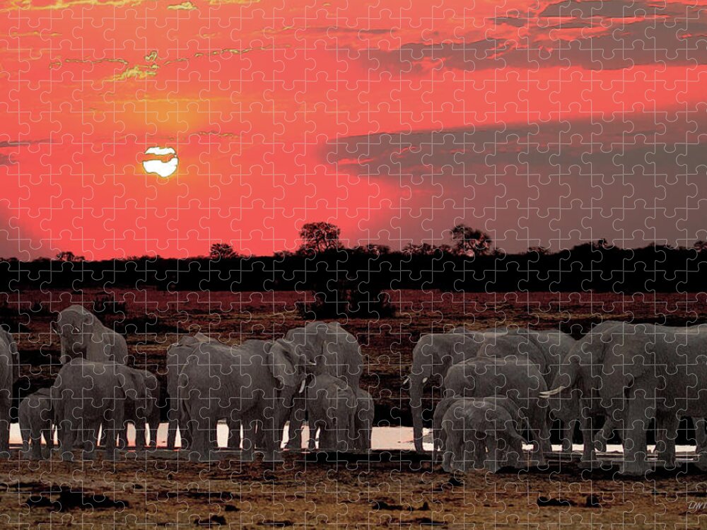 African Elephants Jigsaw Puzzle featuring the digital art ELEPHANTS AT DUSK cps by Larry Linton