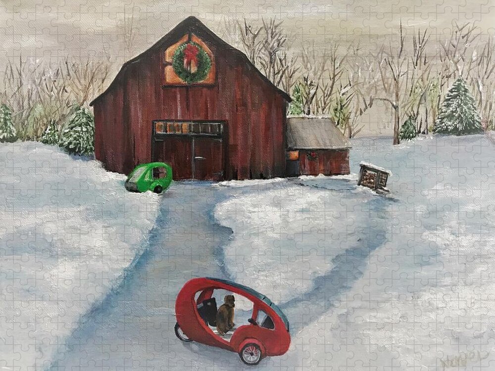 Snow Scene Jigsaw Puzzle featuring the painting ELF Holiday Scene 2021 by Deborah Naves