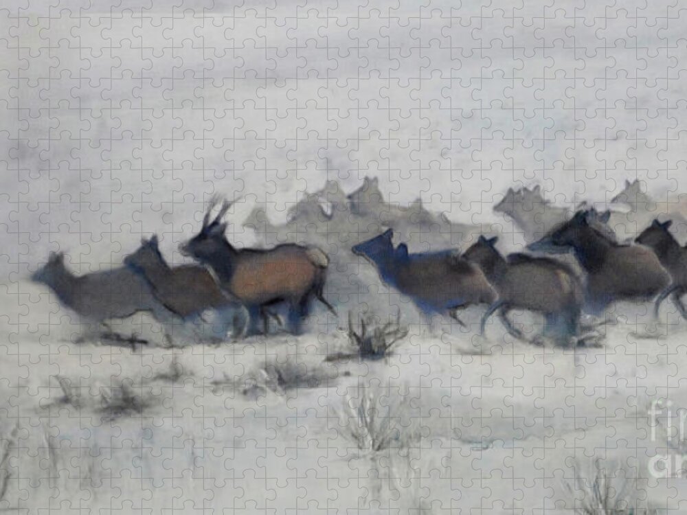 Elk Jigsaw Puzzle featuring the painting Elk Migration, 2019 by PJ Kirk