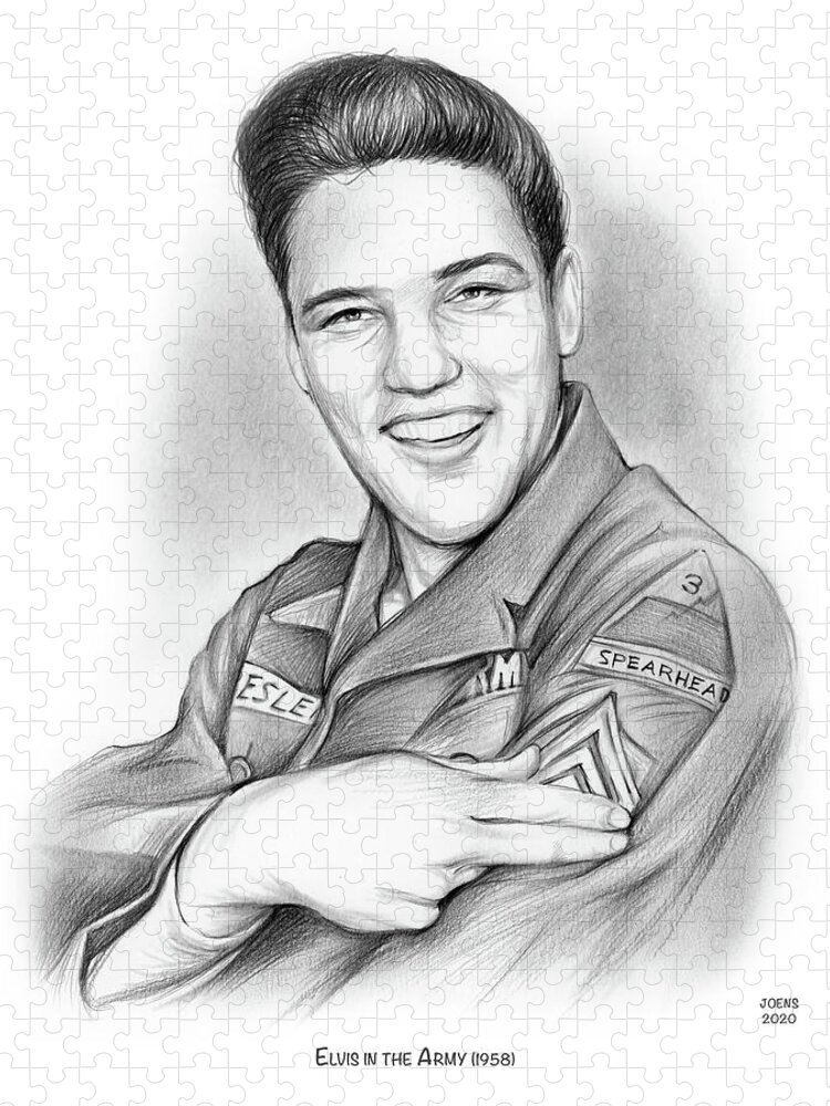 Army Jigsaw Puzzle featuring the drawing Elvis In the Army by Greg Joens