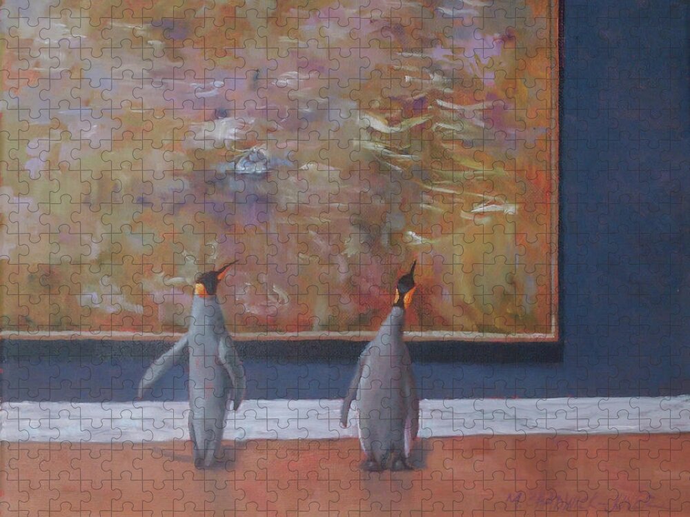 Emperor Penguins Jigsaw Puzzle featuring the painting Emperors Enjoy Monet by Marguerite Chadwick-Juner