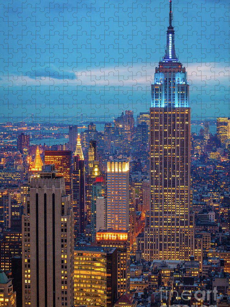 America Jigsaw Puzzle featuring the photograph Empire State Blue Night by Inge Johnsson
