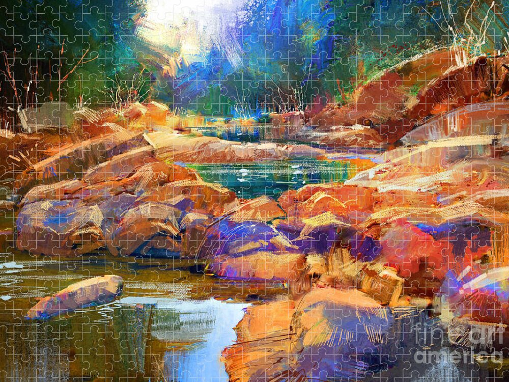 Abstract Jigsaw Puzzle featuring the painting Enchanted Creek by Tithi Luadthong