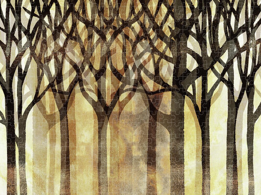 Abstract Forest Jigsaw Puzzle featuring the painting Enchanted Forest Watercolor Silhouette Trees Branches Warm Beige Brown Gold by Irina Sztukowski