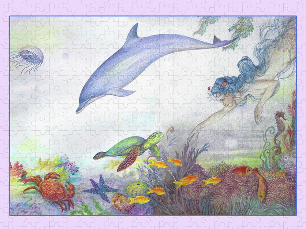 Mermaid Jigsaw Puzzle featuring the painting Enchanting Mermaid and Dolphin by Judith Cheng