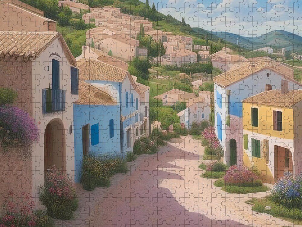 Typical Jigsaw Puzzle featuring the painting Enchantingly beautiful summer landscape of a Spanish village with houses by Mounir Khalfouf