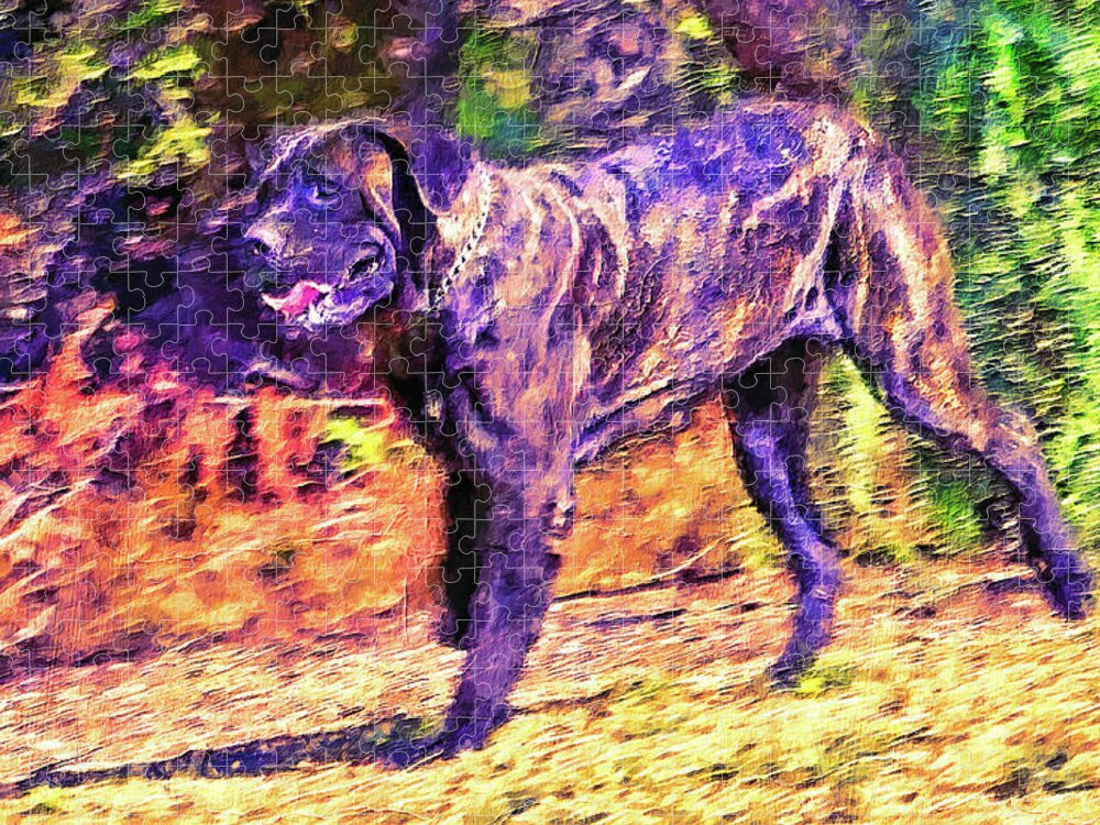English Mastiff Jigsaw Puzzle featuring the digital art English Mastiff running in the woods - digital painting by Nicko Prints