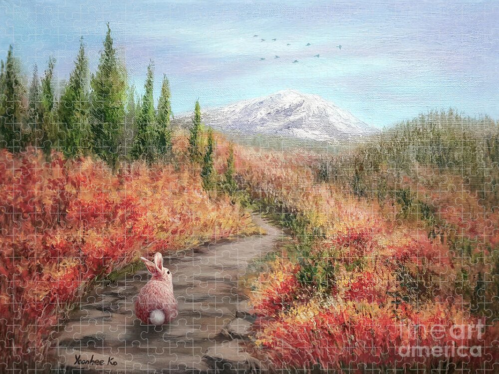 Hiking Bunny Jigsaw Puzzle featuring the painting Enter Autumn by Yoonhee Ko