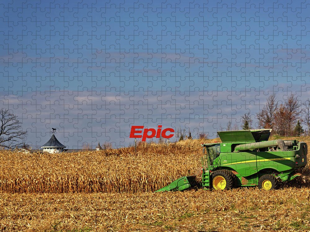 Epic Systems Jigsaw Puzzle featuring the photograph Epic Harvest - John Deere combine harvesting corn at Epic Systems campus by Peter Herman
