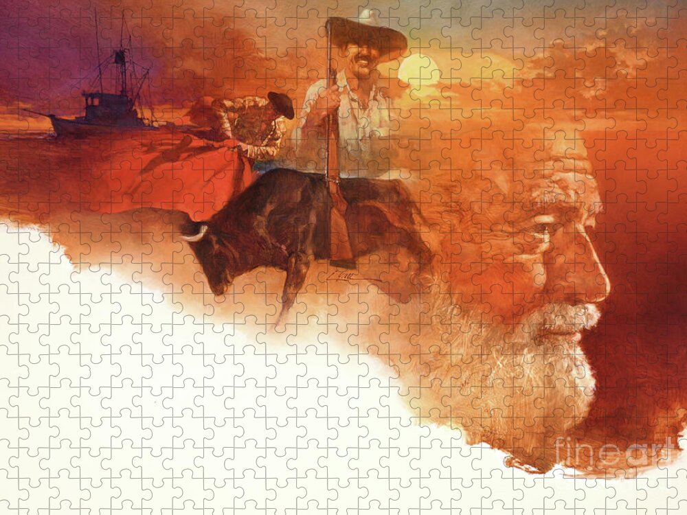 Dennis Lyall Jigsaw Puzzle featuring the painting Ernest Hemingway by Dennis Lyall