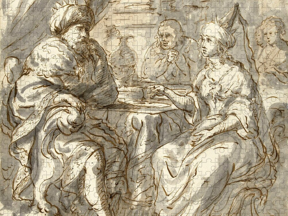 Zacharias Blijhooft Jigsaw Puzzle featuring the drawing Esther's Banquet by Zacharias Blijhooft