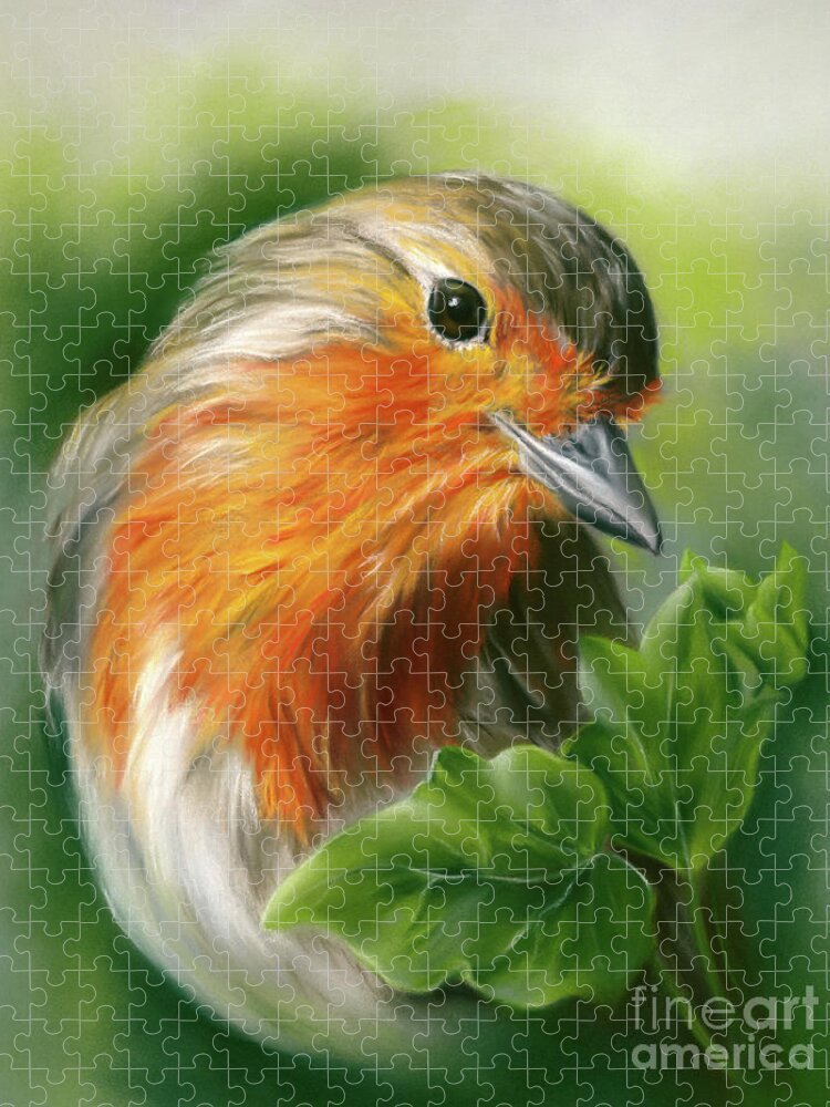 Bird Jigsaw Puzzle featuring the painting European Robin with Ivy Leaves by MM Anderson