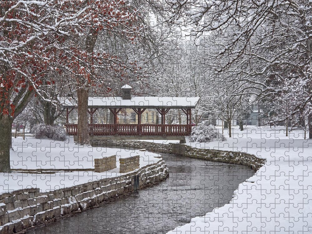 Lake Leota Jigsaw Puzzle featuring the photograph Allen Creek Winterscape at Lake Leota Park in Evansville Wisconsin by Peter Herman