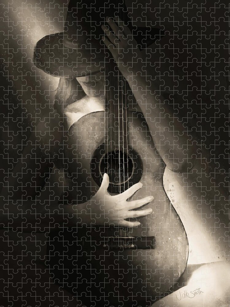 Guitar Jigsaw Puzzle featuring the digital art Even Cowgirls Get the Blues - Golden Light by Nikki Marie Smith