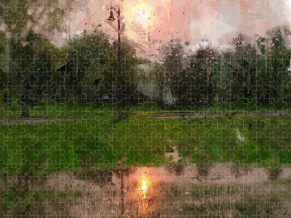 Sunset Jigsaw Puzzle featuring the digital art Evening Marsh - Lake Nokomis in Minnesota by Glenn Galen