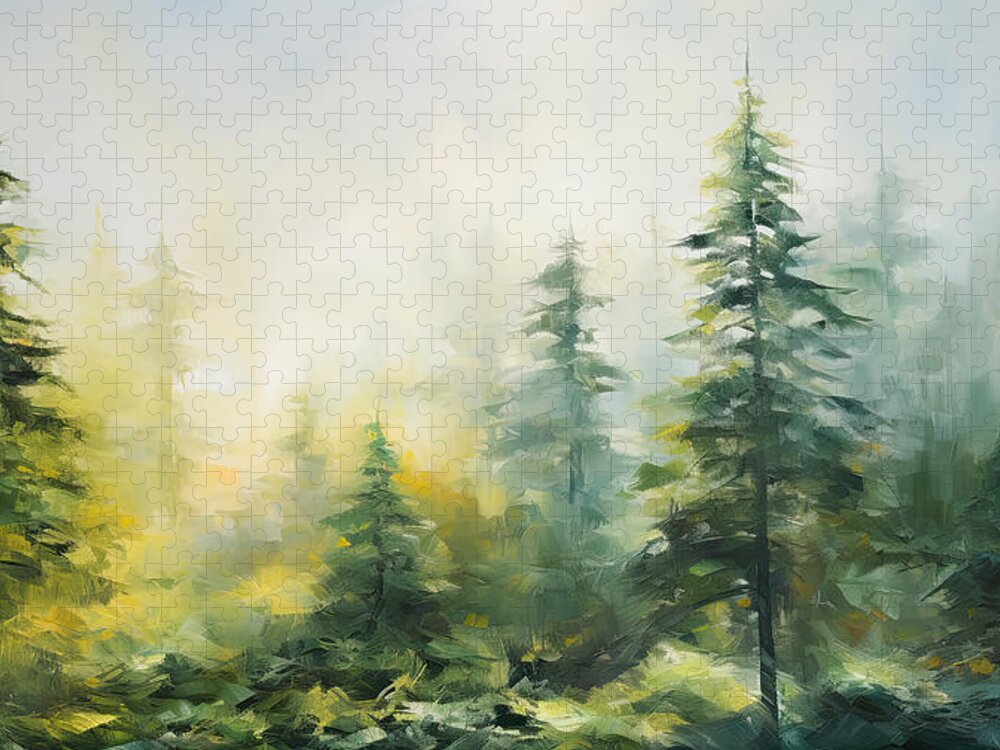Green Jigsaw Puzzle featuring the painting Evergreens - Green Abstract Art by Lourry Legarde