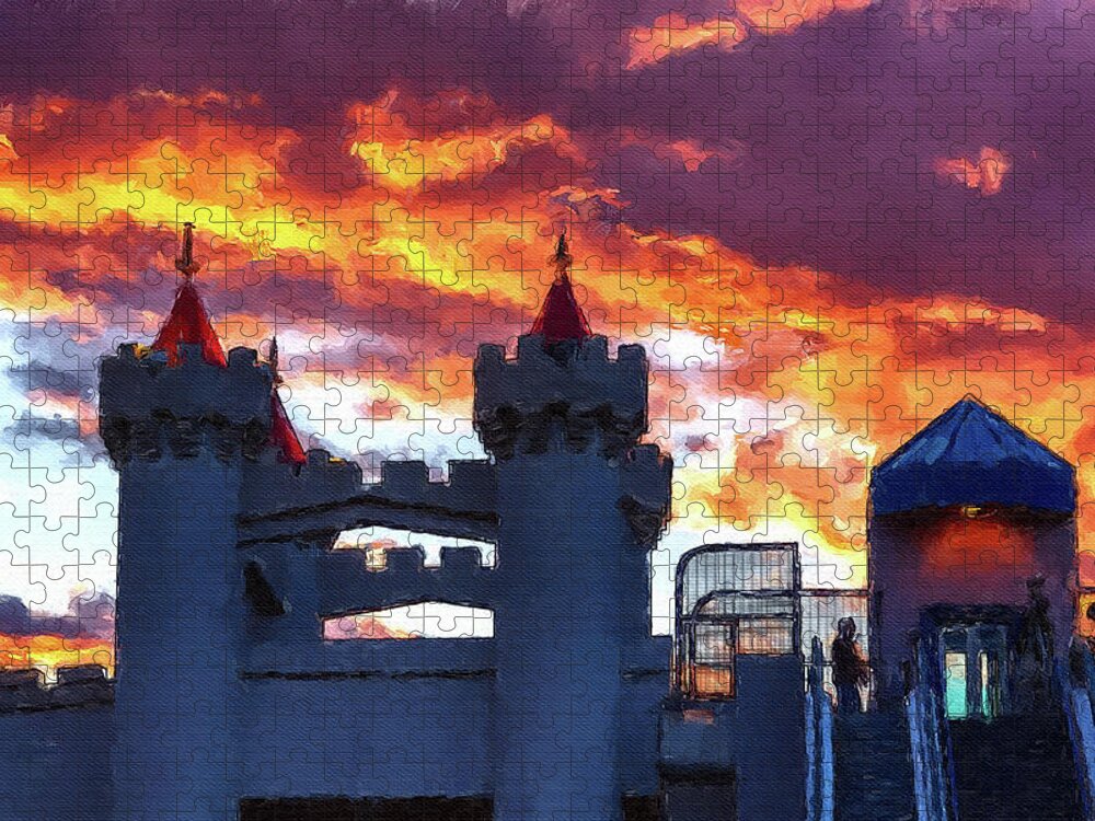 Excalibur Jigsaw Puzzle featuring the mixed media Excalibur bridge over Las Vegas Strip by Tatiana Travelways