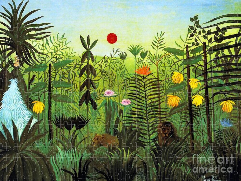 Exotic Landscape With Lion And Lioness In Africa Jigsaw Puzzle featuring the painting Exotic Landscape with Lion and Lioness in Africa by Henri Rousseau