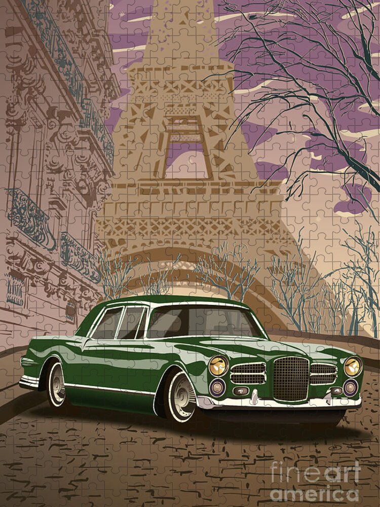 Art Deco Jigsaw Puzzle featuring the digital art Facel Vega - Paris est a nous. Classic Car Art Deco Style Poster Print Green Edition by Moospeed Art