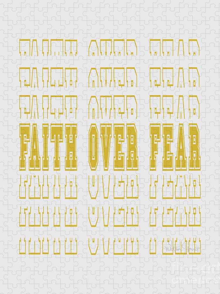 Christian Jigsaw Puzzle featuring the digital art Faith Over Fear Bible Verse Word Art Gold by Walter Herrit
