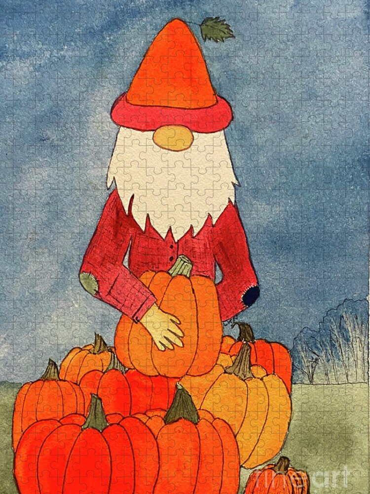 Fall Jigsaw Puzzle featuring the mixed media Fall Gnome with Pumpkins by Lisa Neuman
