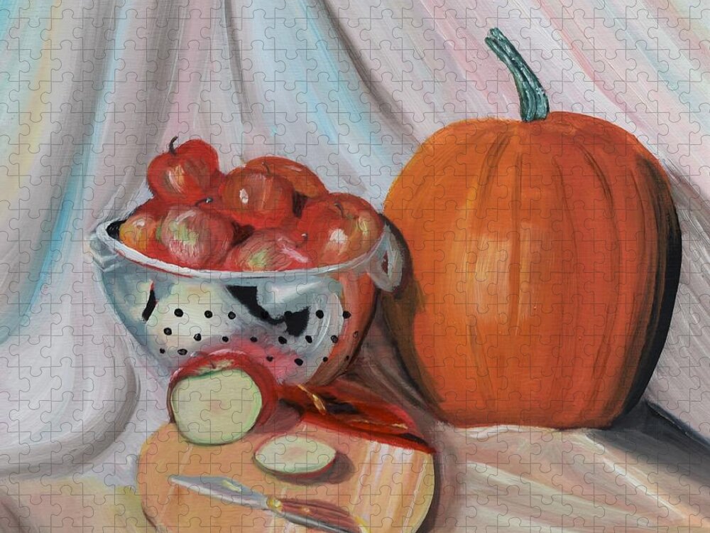 Pumpkin Jigsaw Puzzle featuring the painting Fall Harvest Still Life by Monika Shepherdson