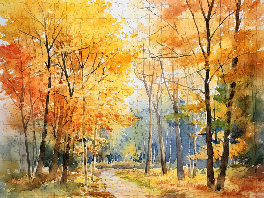 Autumn Watercolor Painting Jigsaw Puzzle featuring the digital art Falling Leaves - Autumn Falling Leaves Art by Lourry Legarde