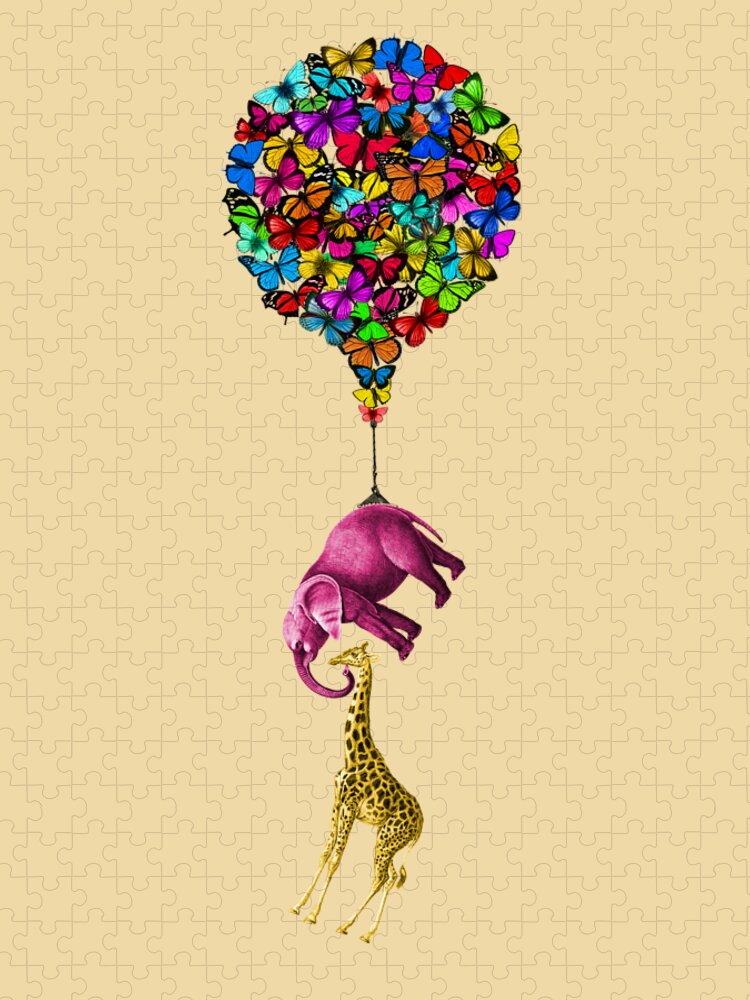 Elephant Jigsaw Puzzle featuring the digital art Fantasy Safari Animals Balloon by Madame Memento