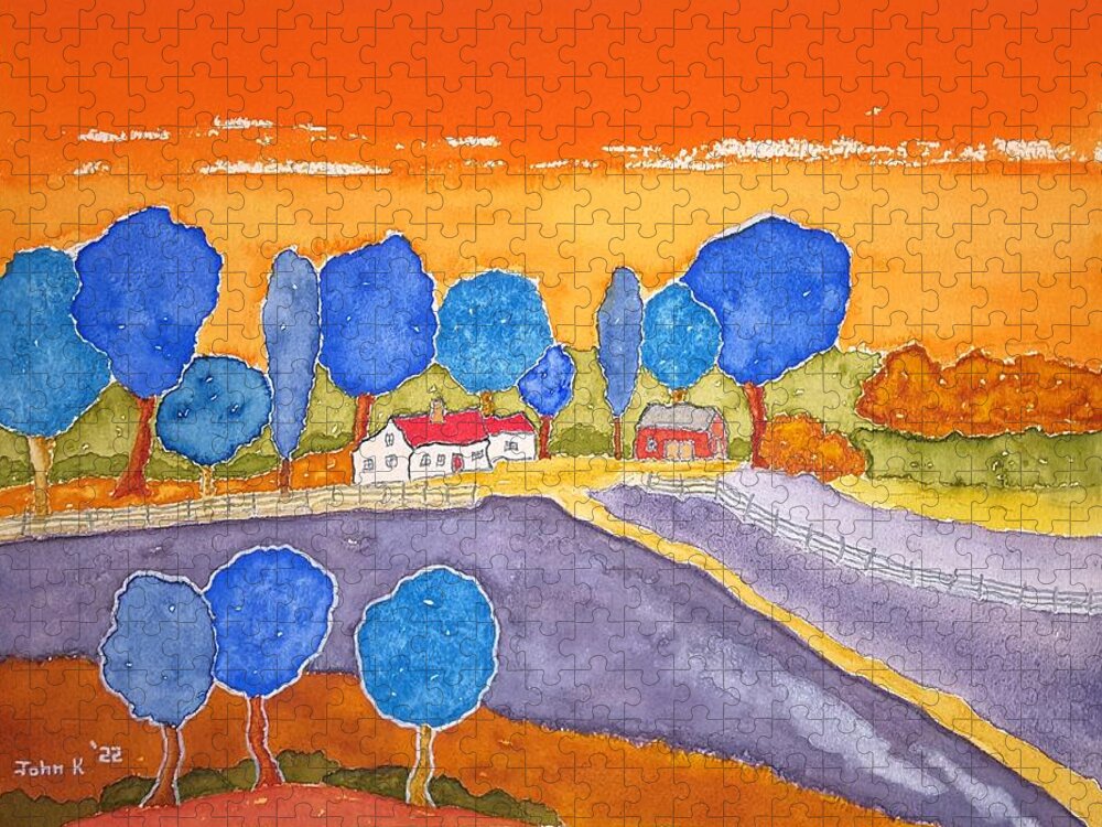 Watercolor Jigsaw Puzzle featuring the painting Faraway Farm by John Klobucher