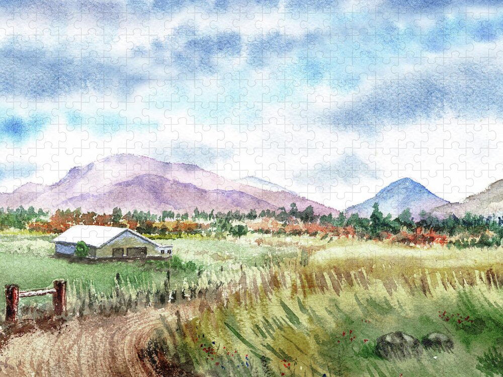 Barn Jigsaw Puzzle featuring the painting Farm Barn Mountains Road In The Field Watercolor Impressionism by Irina Sztukowski