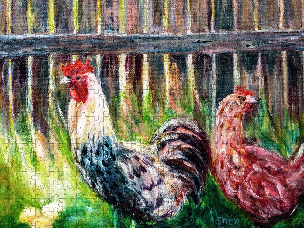 Art - Acrylic Jigsaw Puzzle featuring the painting Farm Yard Chicken - Acrylic Art by Sher Nasser