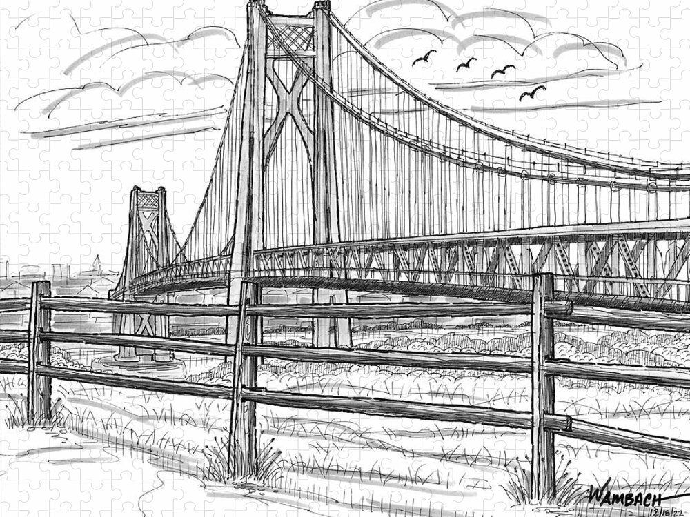 Poughkeepsie Jigsaw Puzzle featuring the drawing FDR Mid-Hudson Bridge by Richard Wambach