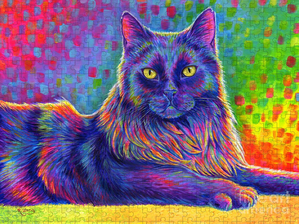 Cat Jigsaw Puzzle featuring the painting Psychedelic Rainbow Black Cat - Felix by Rebecca Wang